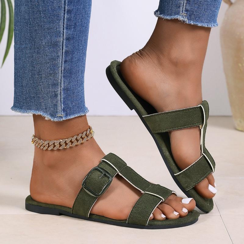 Fashion Ladies Shoes 2025 Brand Open Toe Women's Slippers Fashion Outdoor Belt Buckle Summer New Plus Size Casual Concise Flat Slippers