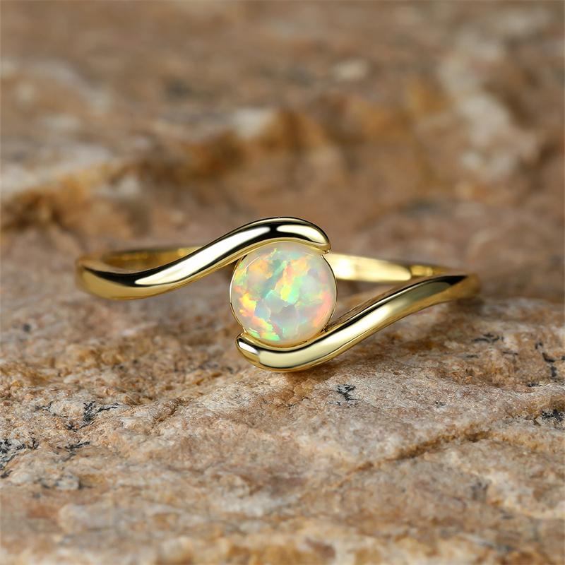 Round Rainbow White Fire Opal Ring Wedding Bands Minimalist Stacking Thin Rings for Women Promise Engagement Ring Bridal Jewelry