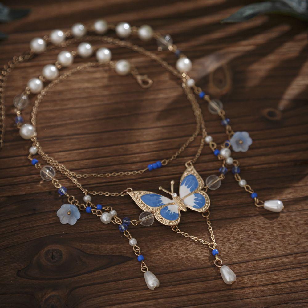 Pearl Butterfly Pendant Necklace Bohemian Style Beads Chain Choker Cute Multilayer Necklace  Gifts