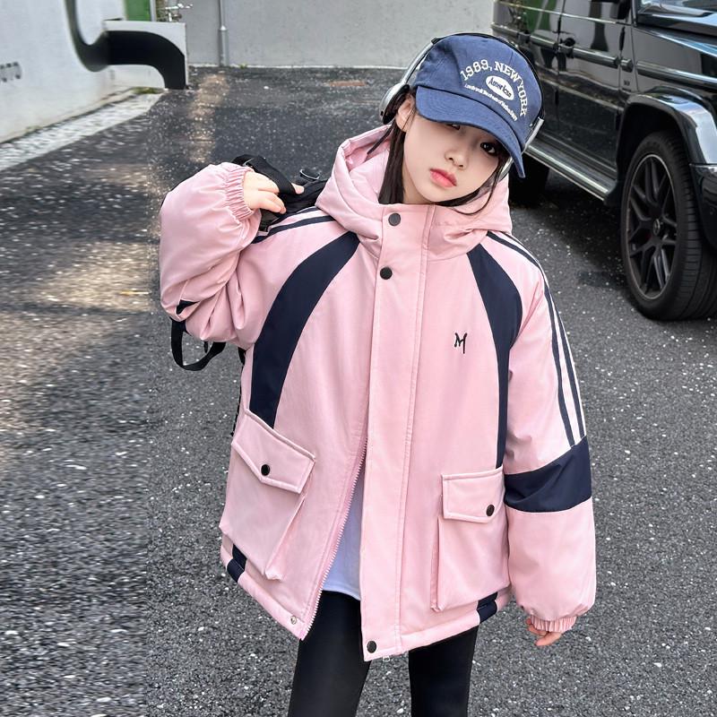 

2025 Девичья вышитая ветровка в стиле колор-блок: Флисовая подкладка, модная куртка для детей среднего и старшего возраста 150cm розовый