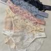 Transparent Rhinestone Mesh Briefs Mid Waist Women's Underpants Sweet Floral Lace Panties  Female