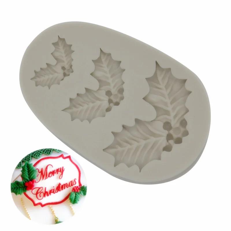 Christmas Holly Decoration Fondant Cake Silicone Mold Chocolate Candy Molds Cookies Pastry Biscuits Mould DIY Cake Baking Tools