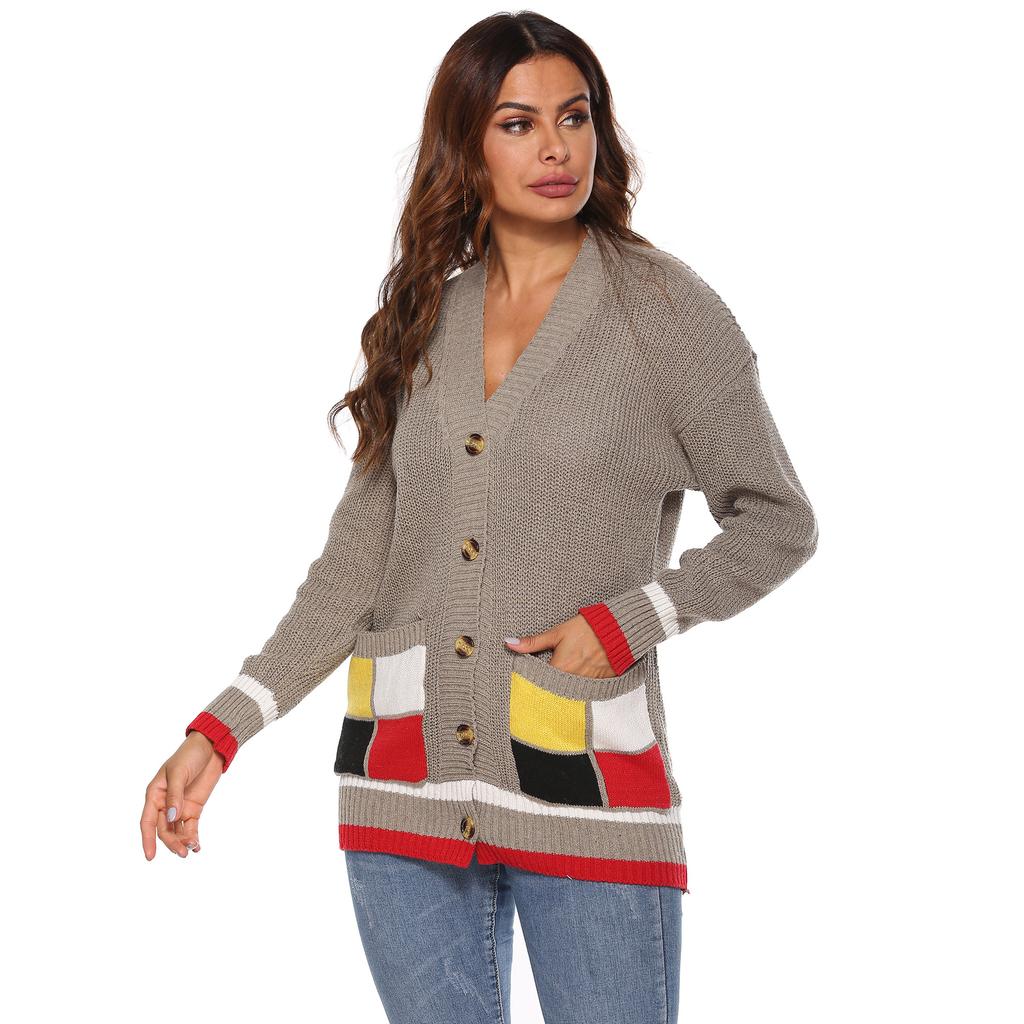 Autumn and Winter Women's Thickened Cardigan Colour Blocking Pockets Single-breasted V-neck Casual Jumper
