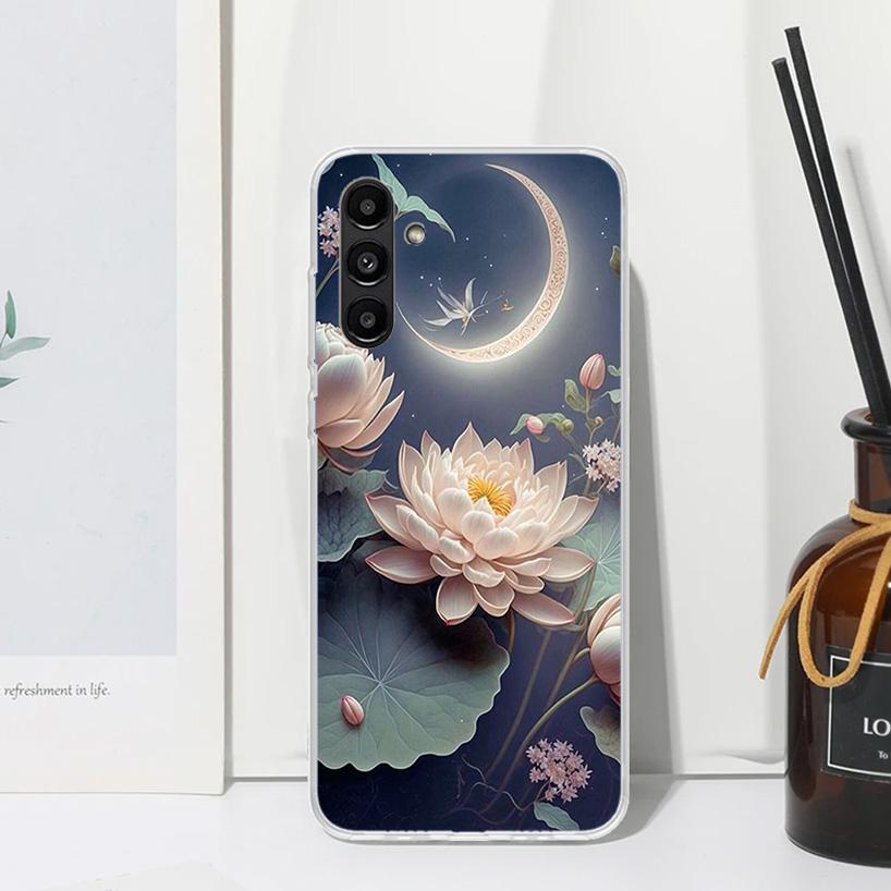 Lotus Blue White Flowers Phone Case For Samsung Galaxy A17 A37 A57 A16 A26 A36 A56 A15 A25 A35 A55 A14 A24 A34 A54 A13 A23 A33 A