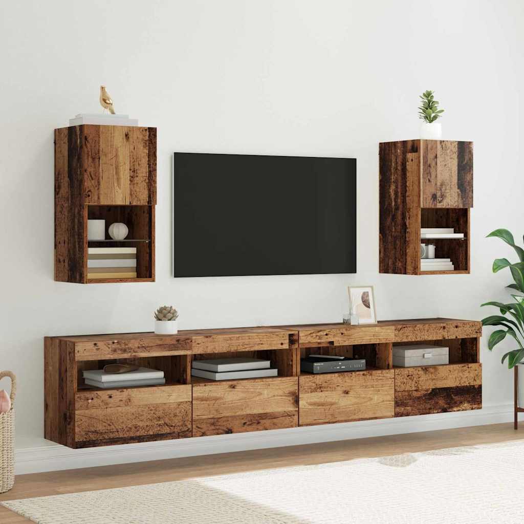 Wall Mounted TV Cabinet with LED Vintage Wood Finish 30.5 x 30 x 60 cm
