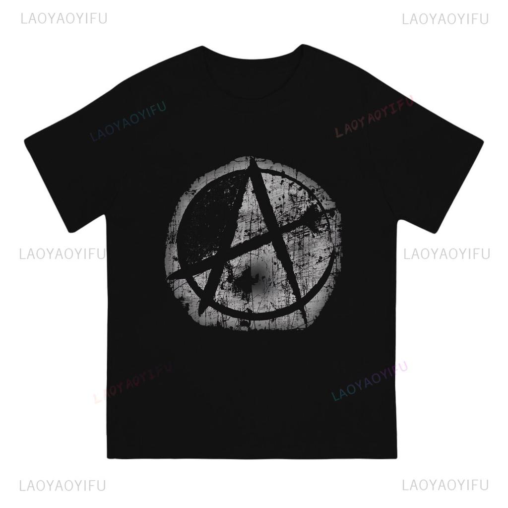 Anarchy Anarchist Symbols Distressed Stencil Sprayed Graffiti Style T Shirt Grunge Men Summer Fashion ONeck Shortsleev Tops
