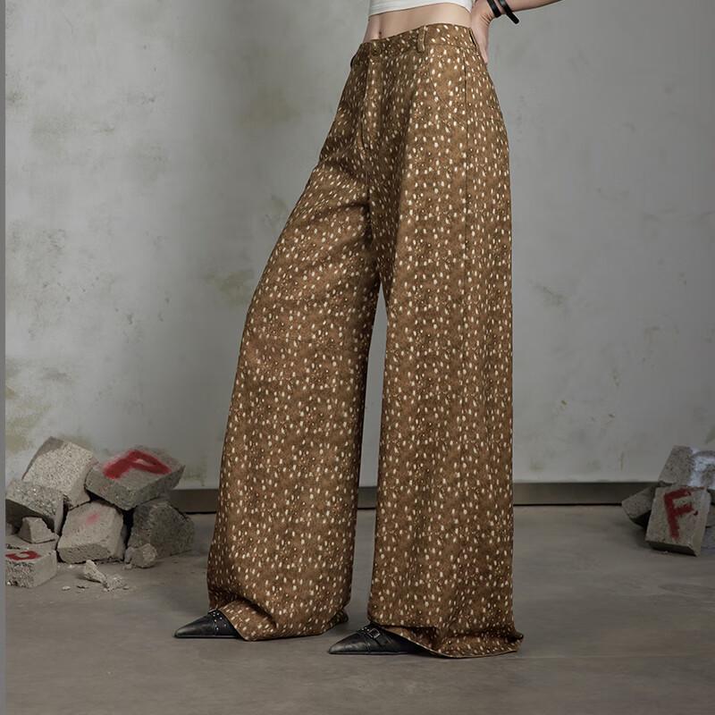 UNIFREE Deer Print High-Waisted Loose Wide-Leg Casual Pants
