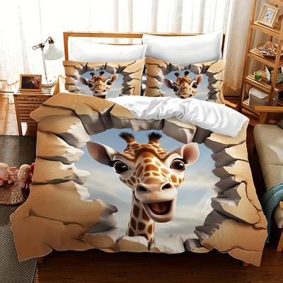 Set copripiumino con stampa 3D di giraffa con federa a tema animale biancheria da letto per tutte le stagioni tessuto in poliestere lavabile in lavatrice stampa digitale