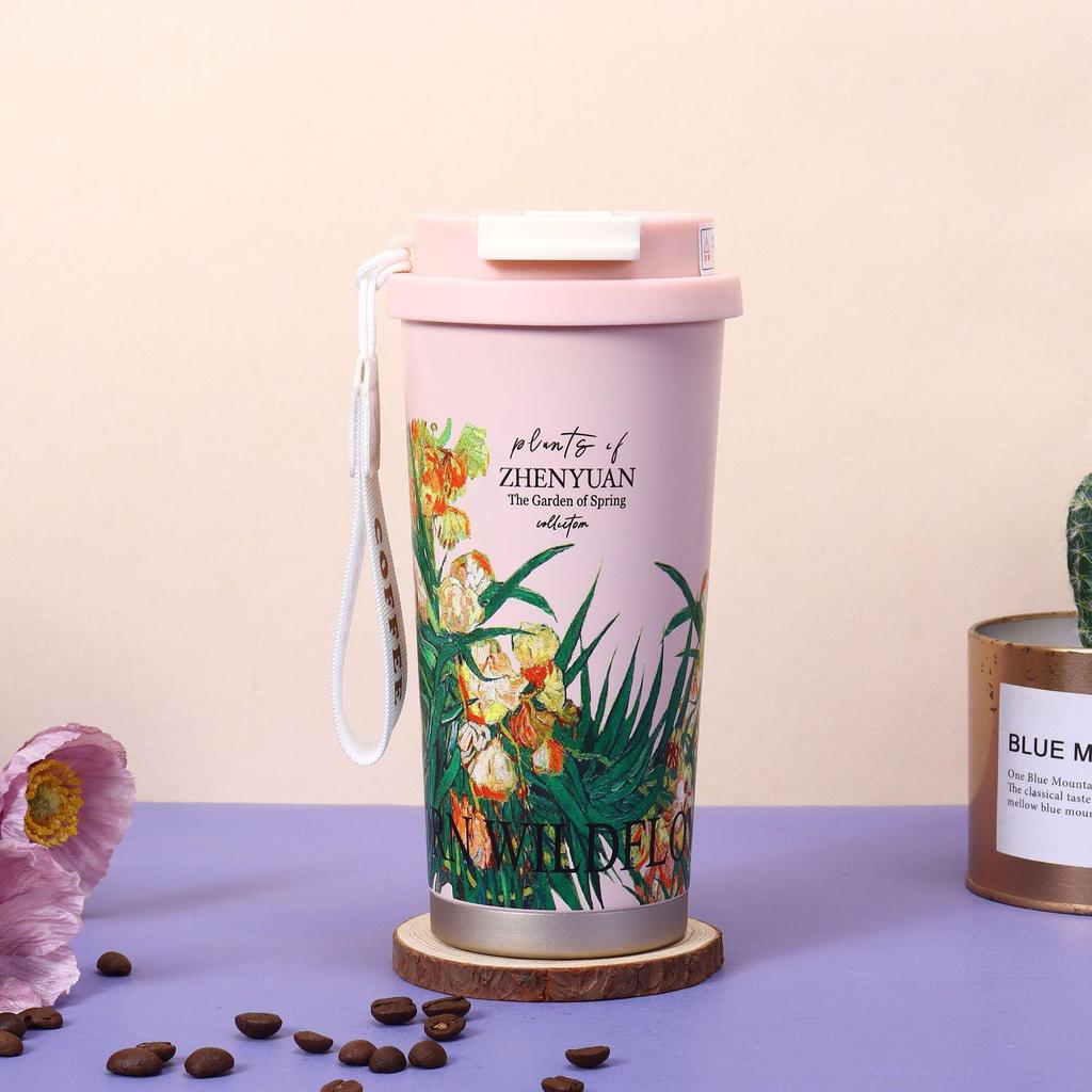 Maiglöckchen Edelstahl Isolierkaffeetasse - Großes Fassungsvermögen, Tragbar, mit Strohhalm für Draußen