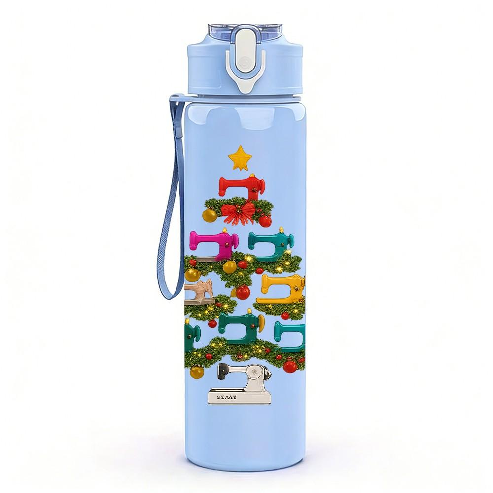 1PC Simple Christmas Tree Print 750ml Color Plastic Sports Water Bottle Leakproof Flip Straw Lid Suitable for Sports Office Home Use
