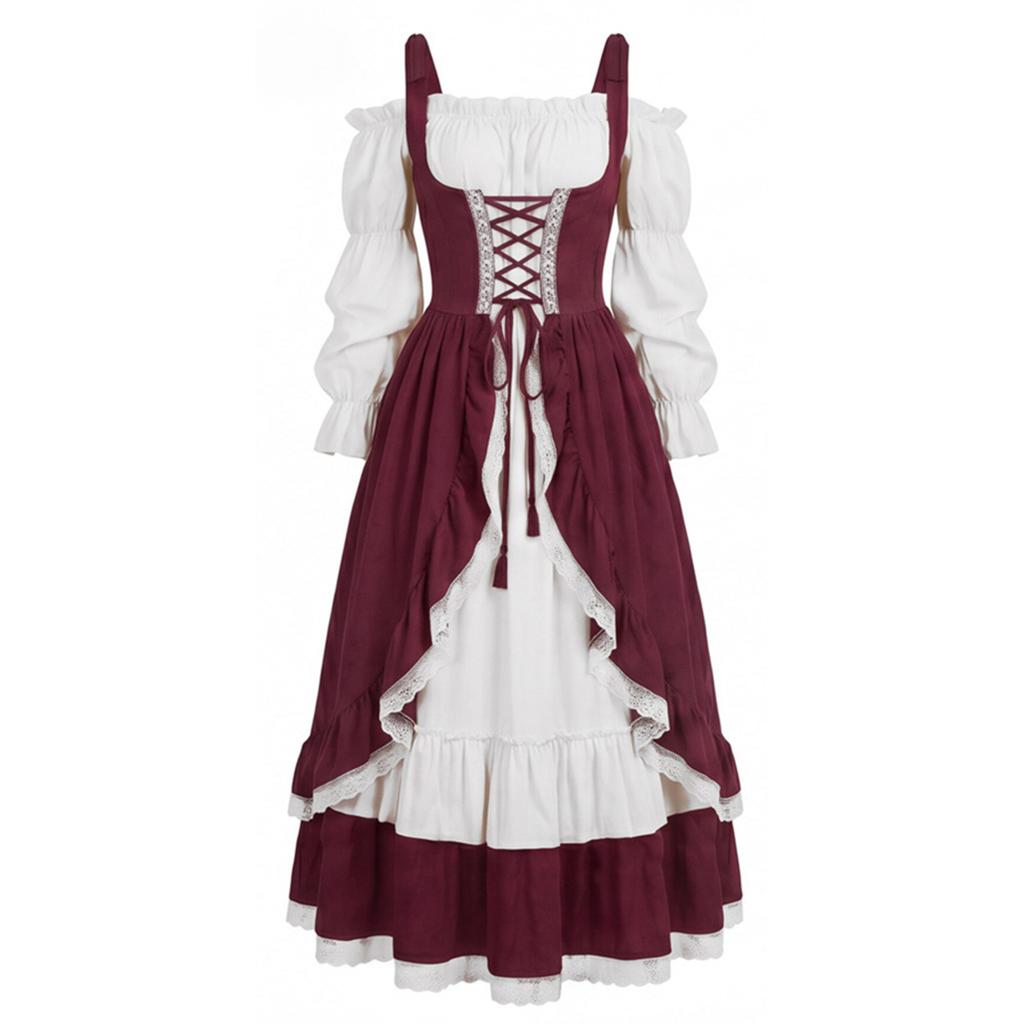 Mittelalterliche Renaissance Vintage Stil Hofkleid Korsett Taille Schichtrock Langarm Kostüm für Damen Historisches Auftrittsoutfit