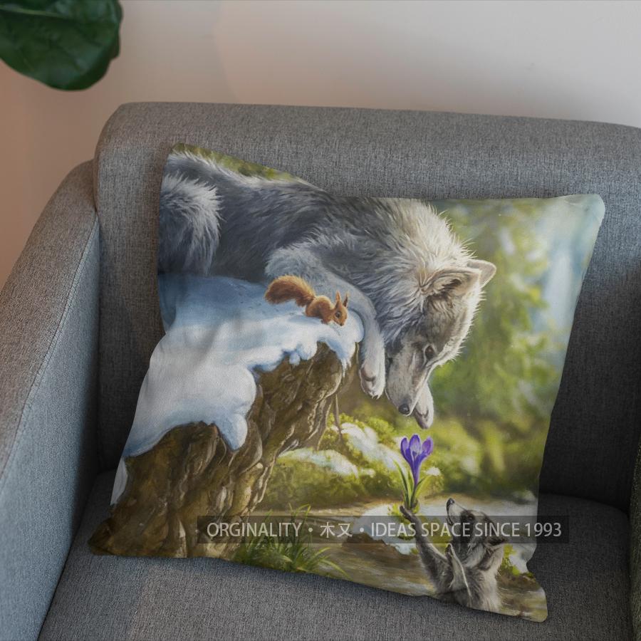 2D Wolf auf malerischen Wiesen Bedruckte Kissenbezüge Muster Kissenbezug Geeignet für Sofa Schlafzimmer Auto Kissenbezug