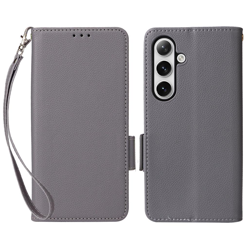 For Samsung Galaxy S25 Case with Wrist Strap Litchi Texture PU Leather Wallet Phone Cover