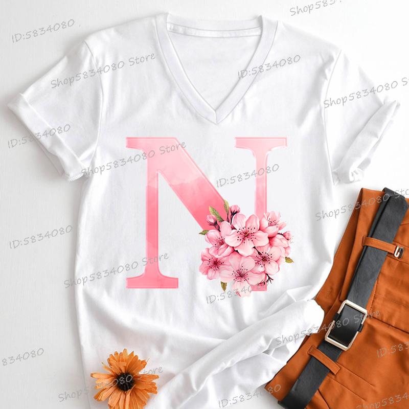 Pink Sakura Alphabet Graphic T Shirts Women AZ 26 Alphabet Pink Flower Cartoon Tshirts Cherry Blossom Letters Casual Tops Tees