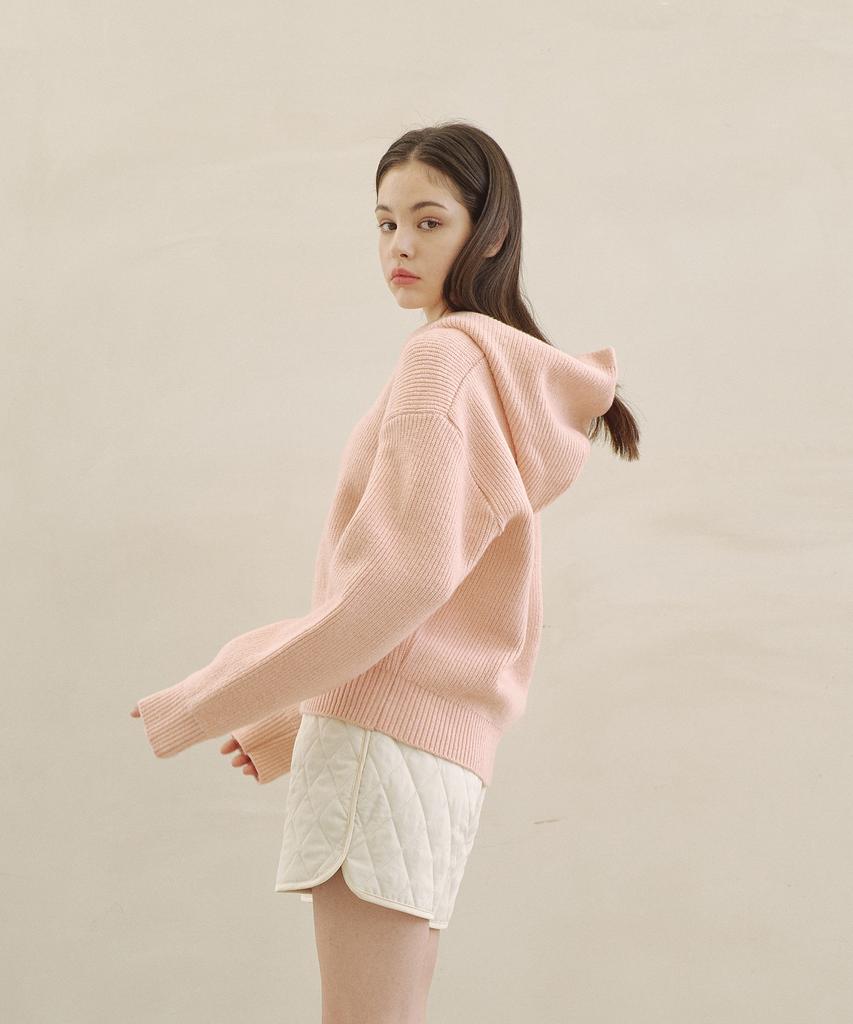 BLOND9 Hooded Rib Knit Half Zip_Light Pink