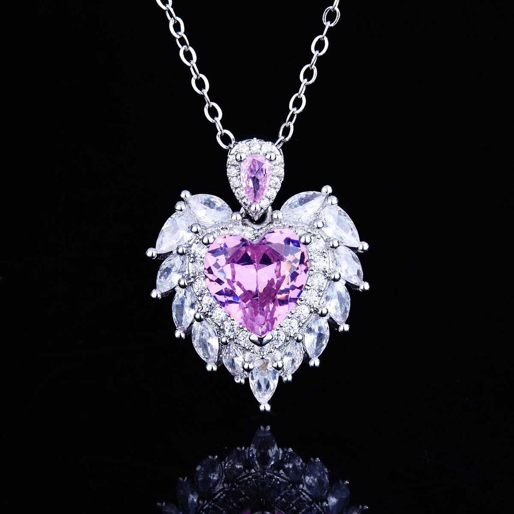 Haute Couture Design Angel Wings Pendant Necklace, Simulated Aquamarine Wings Heart Fashion Jewelry For Women