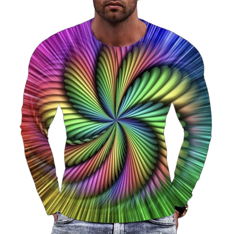 Geometric Pattern 3D Printed Men's T-shirts Street Casual Long Sleeved T-shirt Round Neck Pullover Top