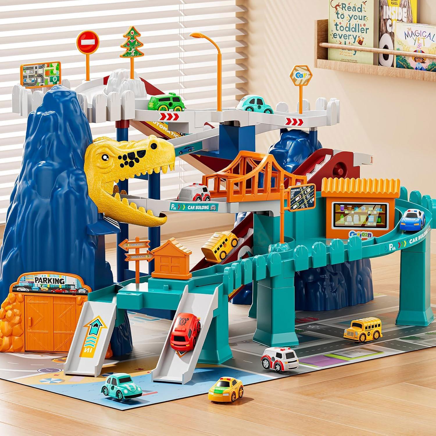 

Dinosaur Race Track Playset for Boys Kids 3-5, Dinosaur Climbing Hills Car Track Play Set with 10 Mini Racer Cars, Kids Car Ramp Track Dinosaur Racing Track