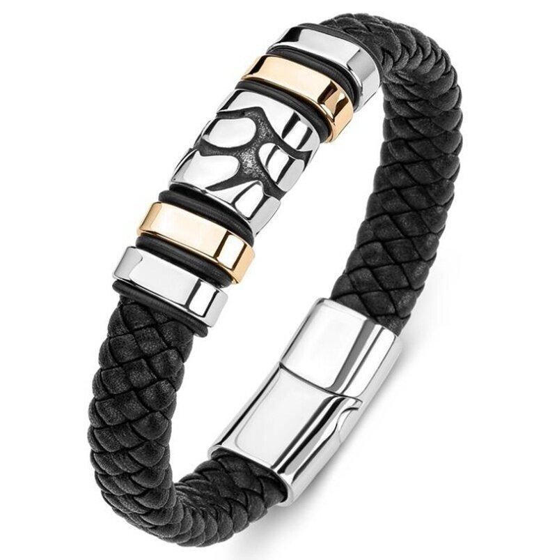 Double Layer Punk Brown Braided Leather Bracelet for Men with Metal Magnetic Clasp Stylish Business Bracelet Jewelry Gift