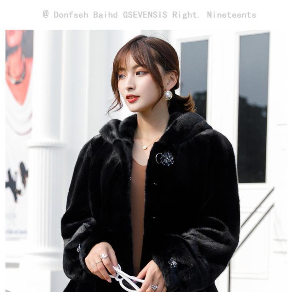 New Mink Coat Women's Velvet Whole Mink Hooded Mid Length Mink Faux Fur Coat