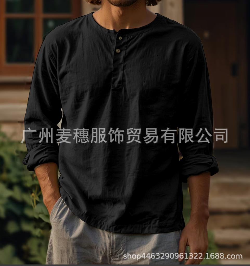 Pánská přeshraniční nová bavlněná a lněná jednobarevná košile s dlouhým rukávem tričko kulatý výstřih cross-clothing knoflíky dva knoflíky len