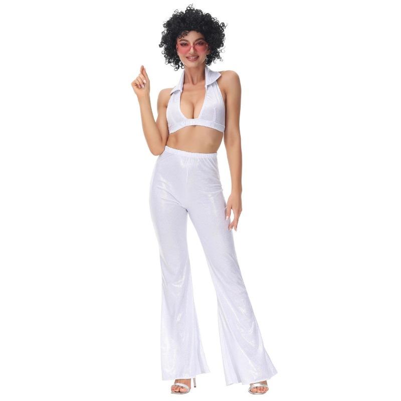

Halloween 70 retro disco, hip hop singer sexy uniform, white suit performance costume M