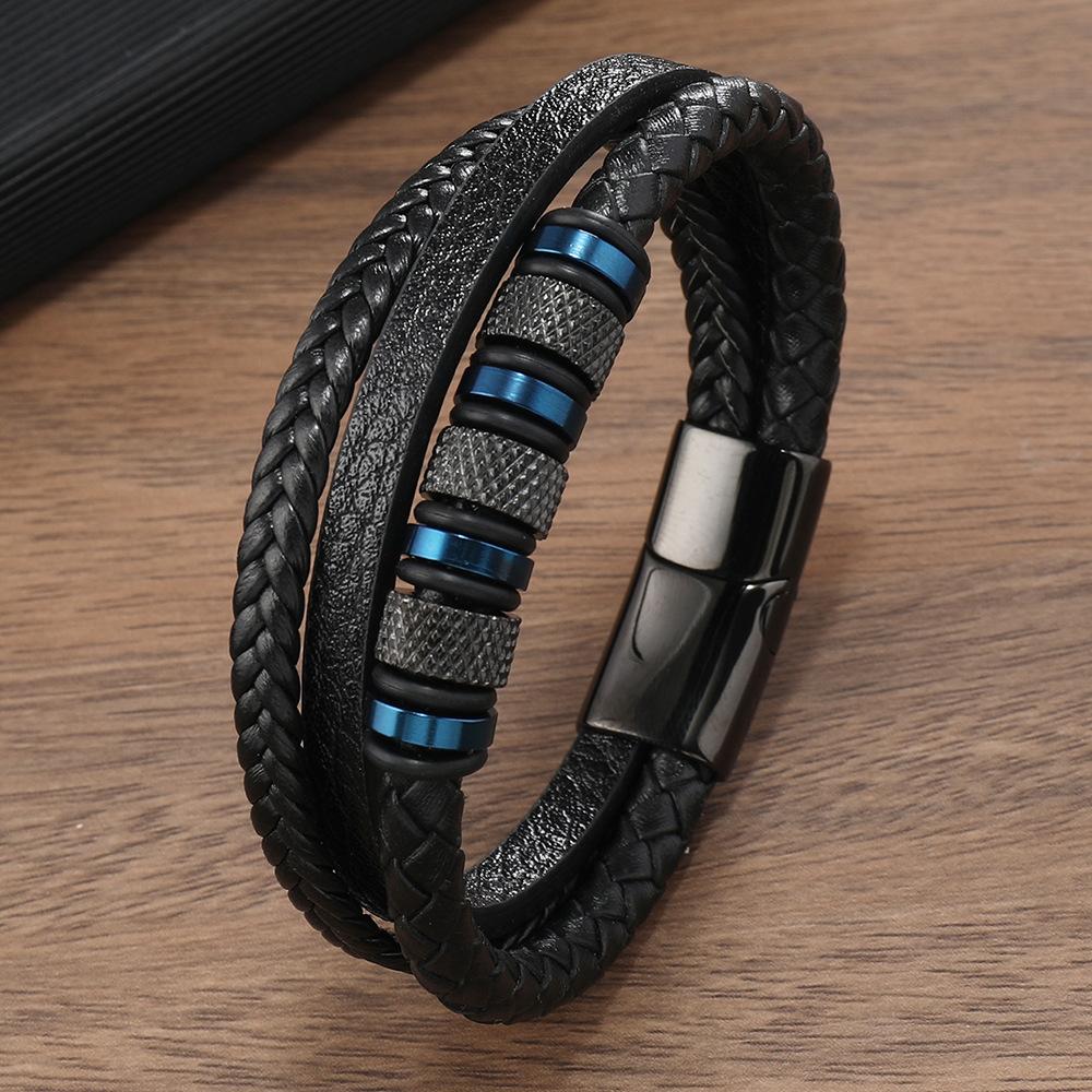 Multi-Layer Braided Leather Bracelet For Men With Magnetic Titanium Steel Clasp Simple Wristband