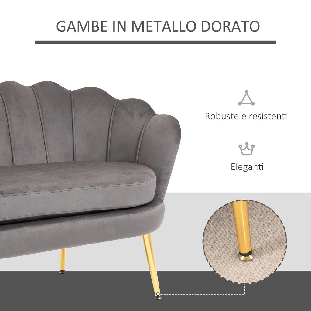 2-Seater Small Sofa In Velvet Effect Fabric with Armrests, Modern Sofa with Padded Seat for Bedroom and Living Room, 133x63x75cm, Grey