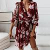 Pleated Flowy Hem Midi Dress Floral Print Sweet Elastic Waist V-Neck Casual