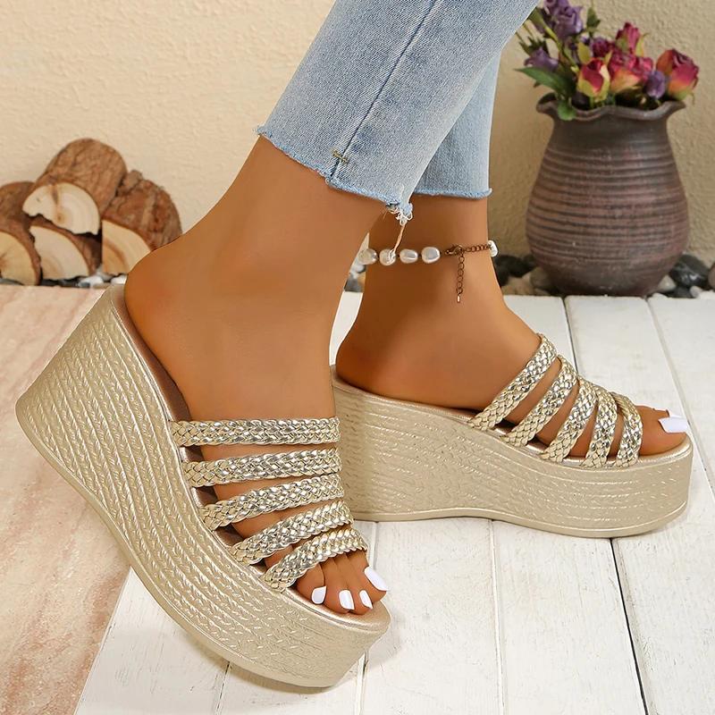 Fashion New Fashion Gold Wedge Sandals for Women Summer Braided Strap Chunky Platform Sandles Woman Thick Bottom Non Slip Beach Slippers