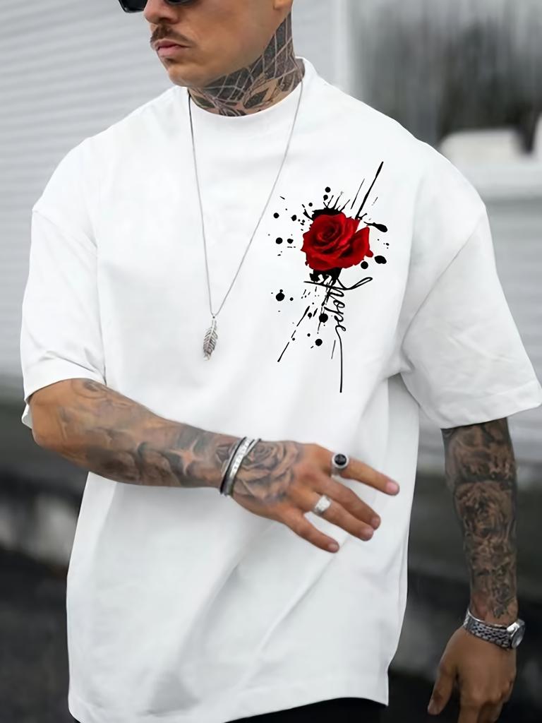 Fashion Splash Ink Rose Print 100 Cotton Men Woment Tshirt Summer Autumn Daily Outdoor Sports Party Casual Street Short Sleeve
