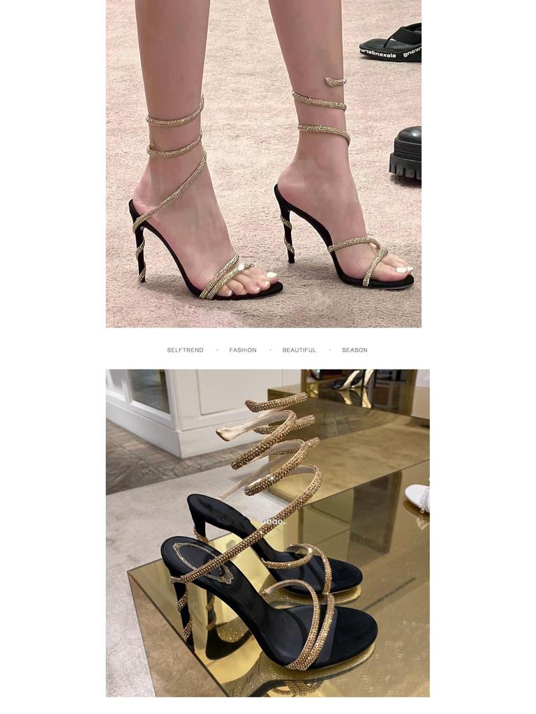 RC Rhinestone Snake Wrap Around Stiletto Heels - Sexy Open Toe Ankle Strap Sandals for Women in European & American Style