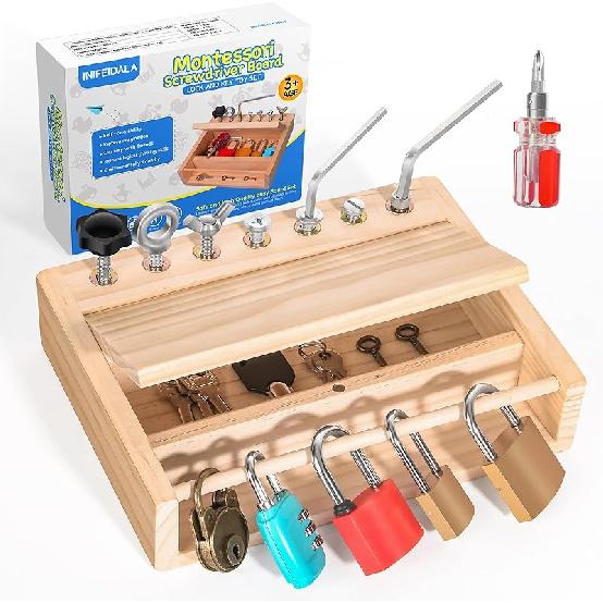 Montessori Toys for 3 4 5 Year Old,Montessori Screwdriver Board Set-Lock and Key Toy,Kids Tool Set,Preschool Learning Sensory - Fine Motor Skills -