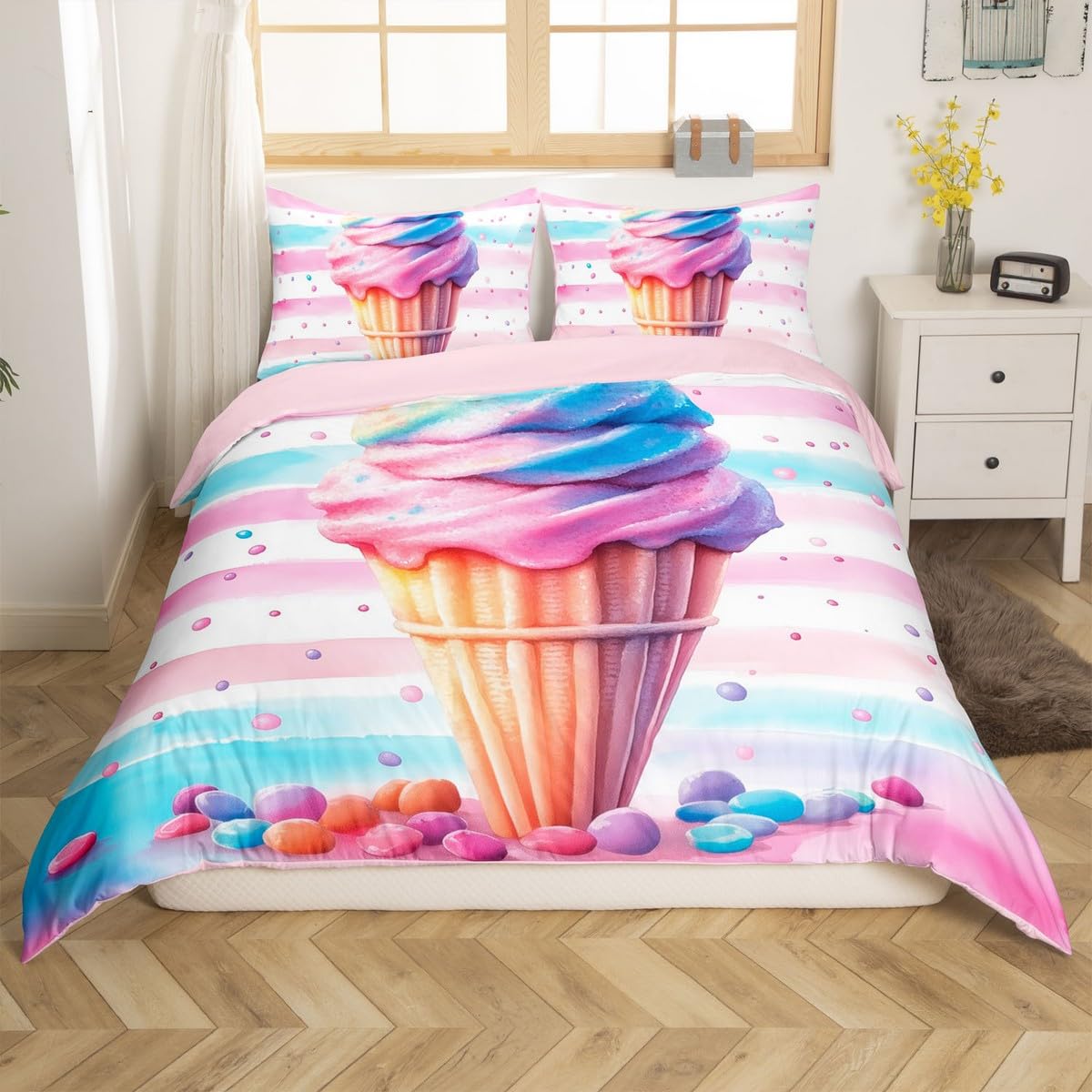 

Ice Cream Comforter Covers Queen Size Duvet Covers for Boys Girls Quilt Cover 3pcs 1 Duvet Cover 2 Pillowcases Lightweight Down (135x200cm)