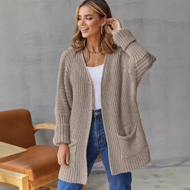 

Women s Soft Oversize Knit Cardigan Casual Long Sleeve V-neck Loose Mid Sweater Fashion Simple Solid Breathable Coat with Pocket one size хакі