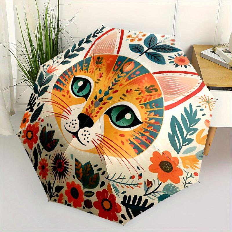 1pc Cat Floral Print Automatic Folding Umbrella, Portable & Foldable Design with 8 Ribs, Casual Outdoor Accessory Halloween and Christmas gi
