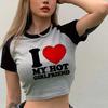 European and American Summer New Round Neck Pullover Short Sleeve Letter Multi-picture Printing Off the Navel European and American Women's Top T-shir