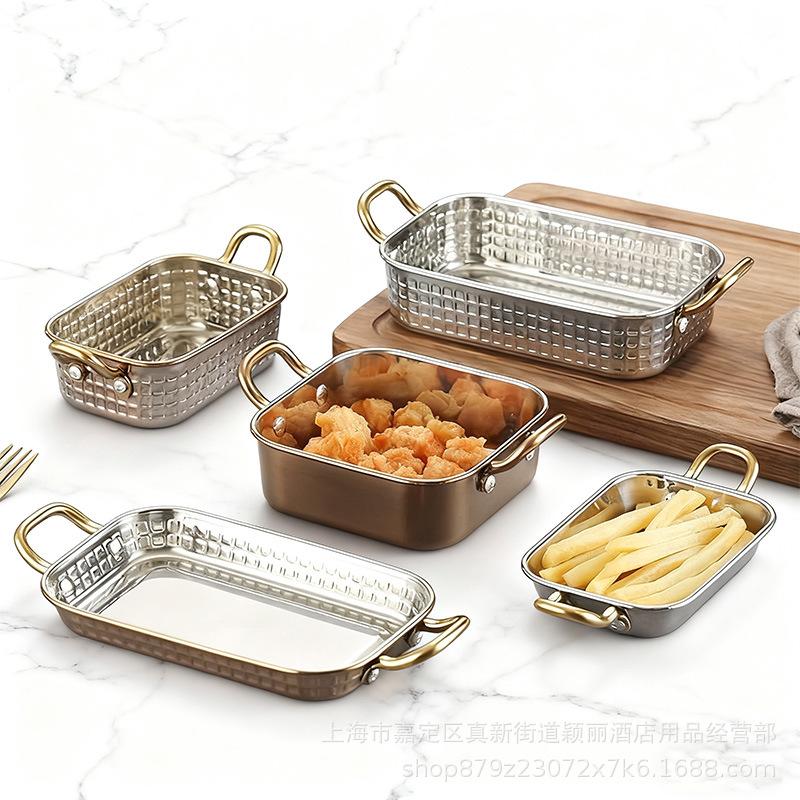 

Double Ear Stainless Steel Square Plate for Salad, Snacks, and Fried Foods 12x8x2 cm