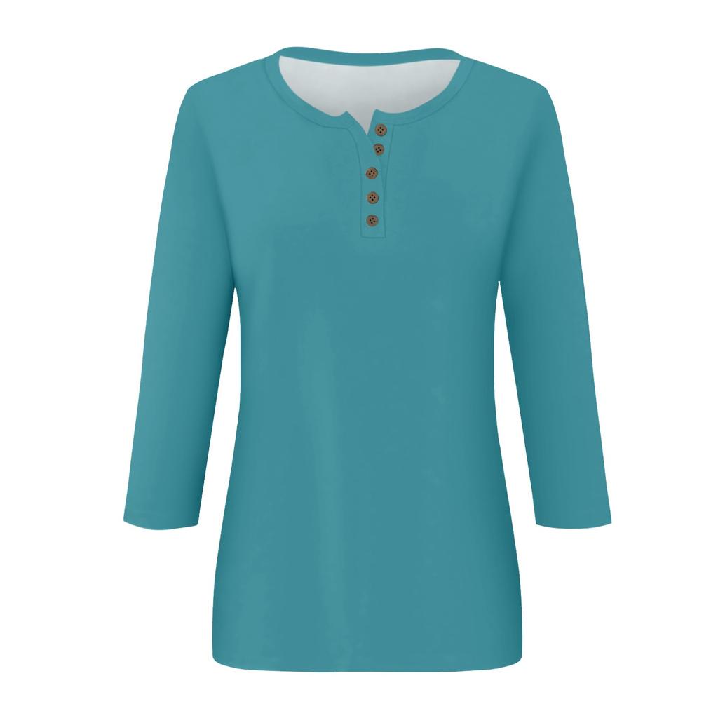 Women's Fashion Casual Round Neck 3/4 Sleeve Loose Color Button T-Shirt Ladies Top
