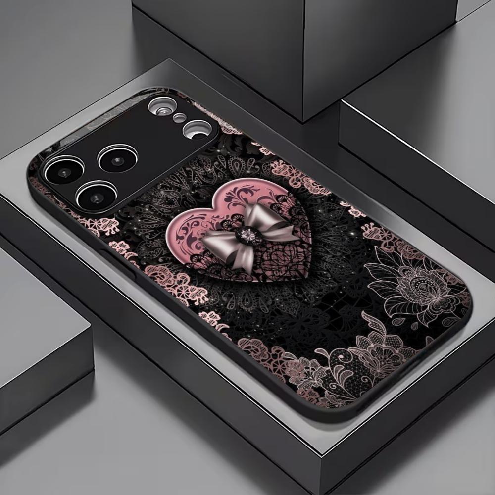 Black Lace with Pink Heart phone case mobile phones for iphone 17 pro max cover Glass for iPhone 17 16 15 14 13 12 11pm Pro Plus