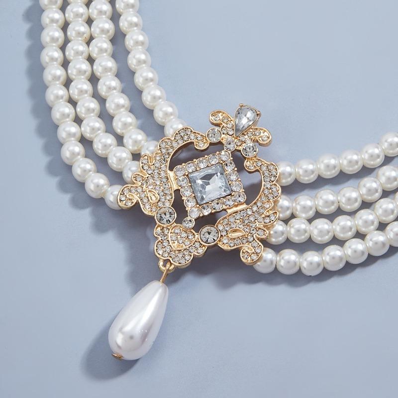 French Retro Pearl Necklace - Four-row, Multi-layered Court Style Choker - Statement Necklace for Women