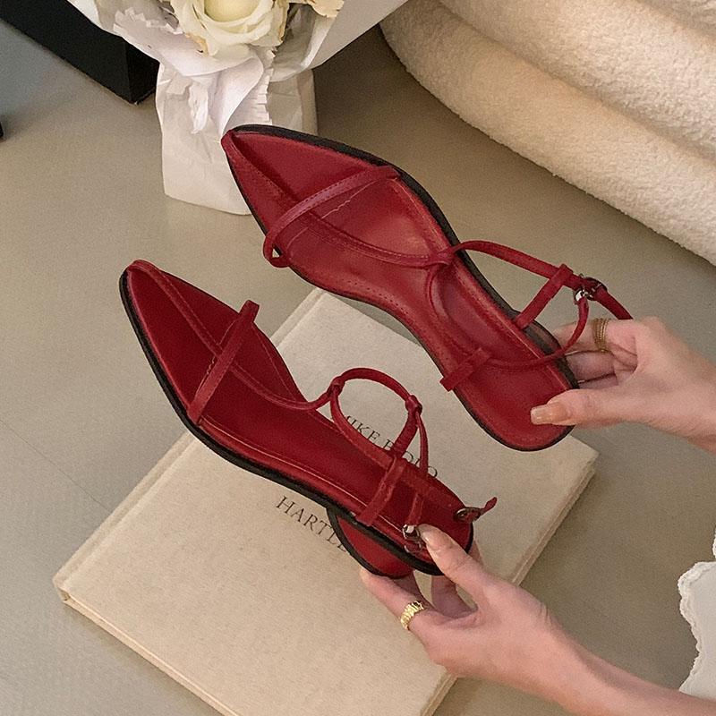 Fashion Luxury Female Fashion T-Strap Women Low Heel Sandals Shoes Summer Pointed Toe Ladies Round Heel Sandals Shoes