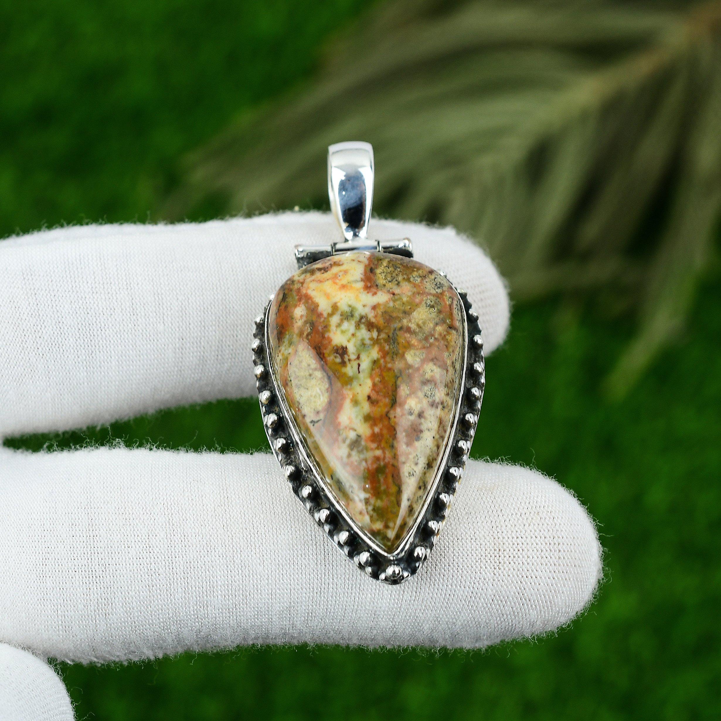 

925 Silver Pear Polychrome Jasper Stone Handmade Engagement New Pendant Jewelry