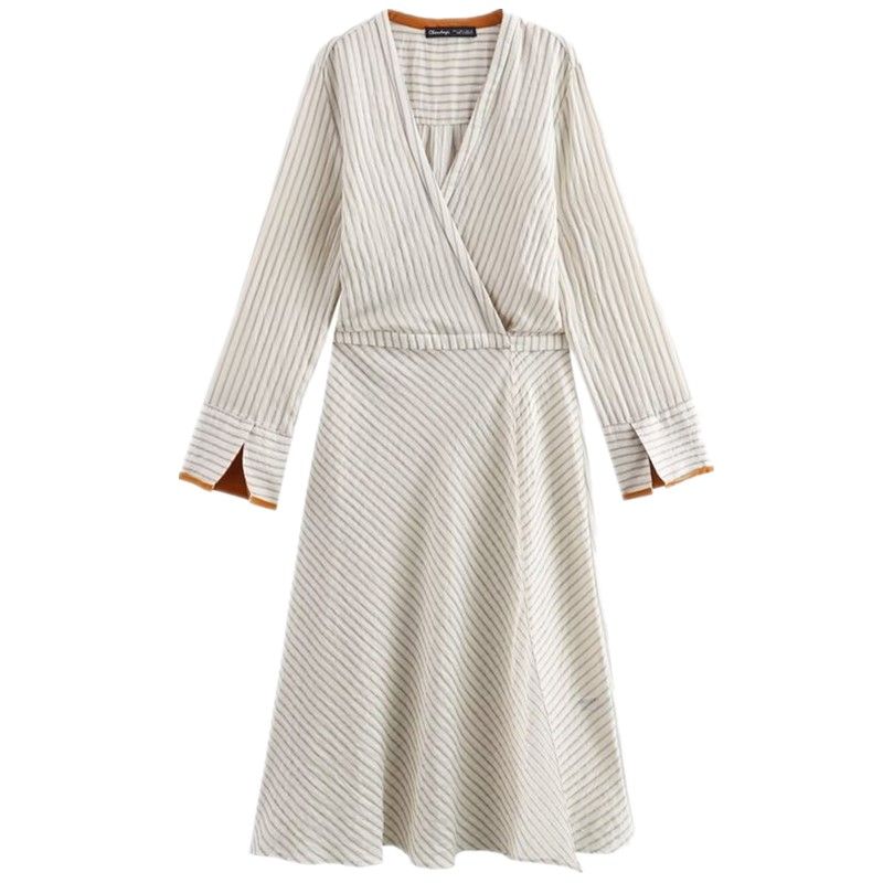 

Fashion Style 2024 Autumn New Women s Clothing Striped All-Matching V-neck Long Sleeves Long Dress 9479016 Picture color L