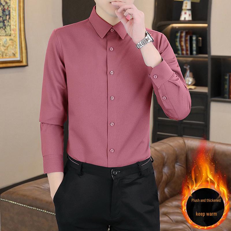 Men's Long Sleeve Thermal Fleece Shirt – Woodpecker Winter Business Casual, Stretch Solid Color, Thick and Lined.