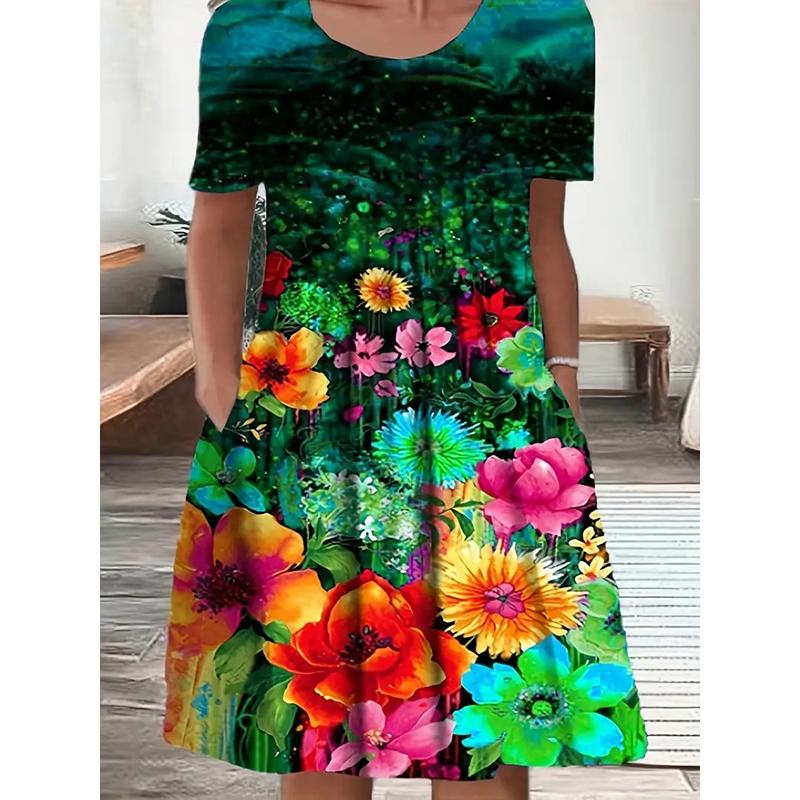 

Женская мода Изящные Ретро Платья с Цветочным Принтом Летние Весенние С Коротким Рукавом Круглый Вырез Повседневные 5XL зелёный