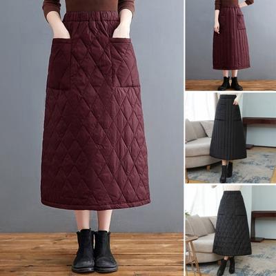 Women Down Skirt Elastic High Waist Large Swing Design Midi Skirt with Pockets Solid Color A-Line Windproof Skirt