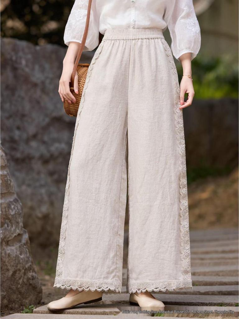 Women's Retro Wide-Leg Linen Pants - Elastic Waist, Lace Tie, Solid Color, Loose Fit