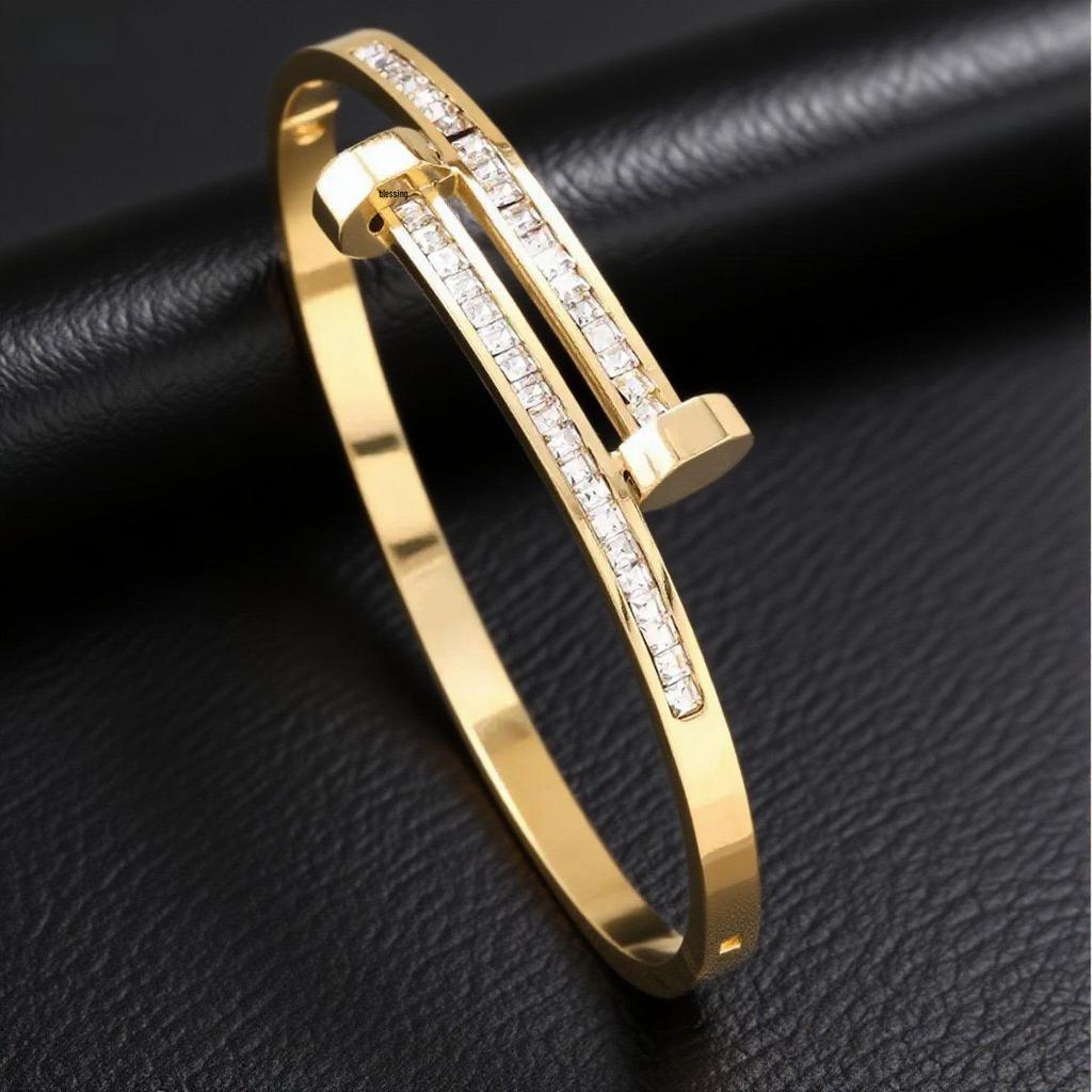 Stylish Titanium Steel Nail Bracelet with Diamond Inlay – Durable, Colorfast & Versatile