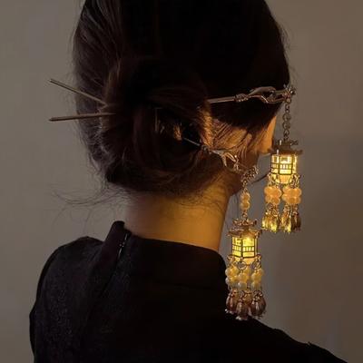 Hairpin Lantern Hairpin LED Light Hair Accessories Chinese Palace Lantern Gazebo  Ladies Children Retro Lotus Flower Tassel Headwear